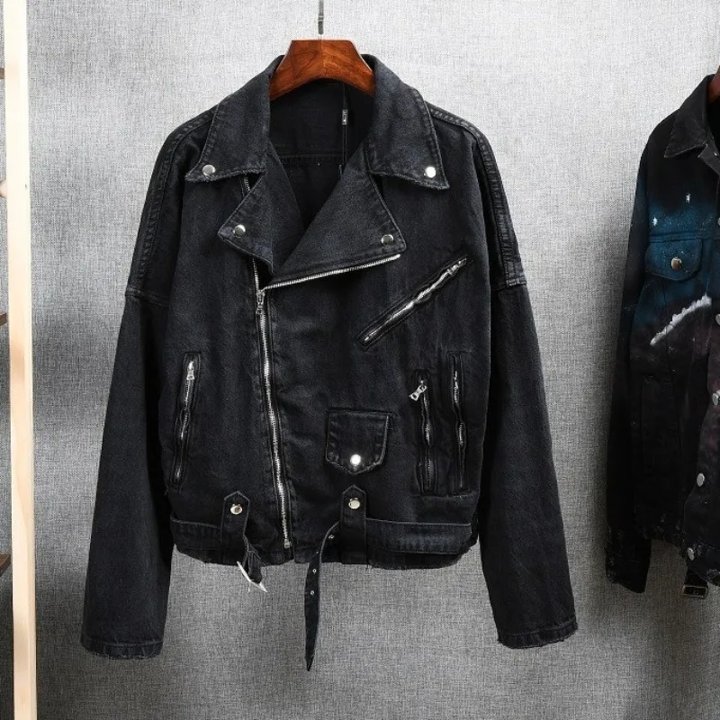 

Men's Punk Style Slant Zippers Slim Short Motorcycle Jacket Black Lapel Adjustable Hem Denim Coat with Belt Tops Men Clothing