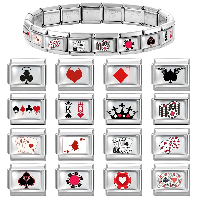 Y2K Personalized Playing Card Series Crown Red Heart Italian Charm Links Fit 9MM Stainless Steel Bracelet Jewelry DIY Making