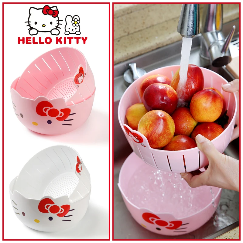 

Sanrio Hello Kitty Fruit Tray Removable Cartoon Double Layer Fruit and Vegetable Basin Draining Basket Kitchen Storage Basketful