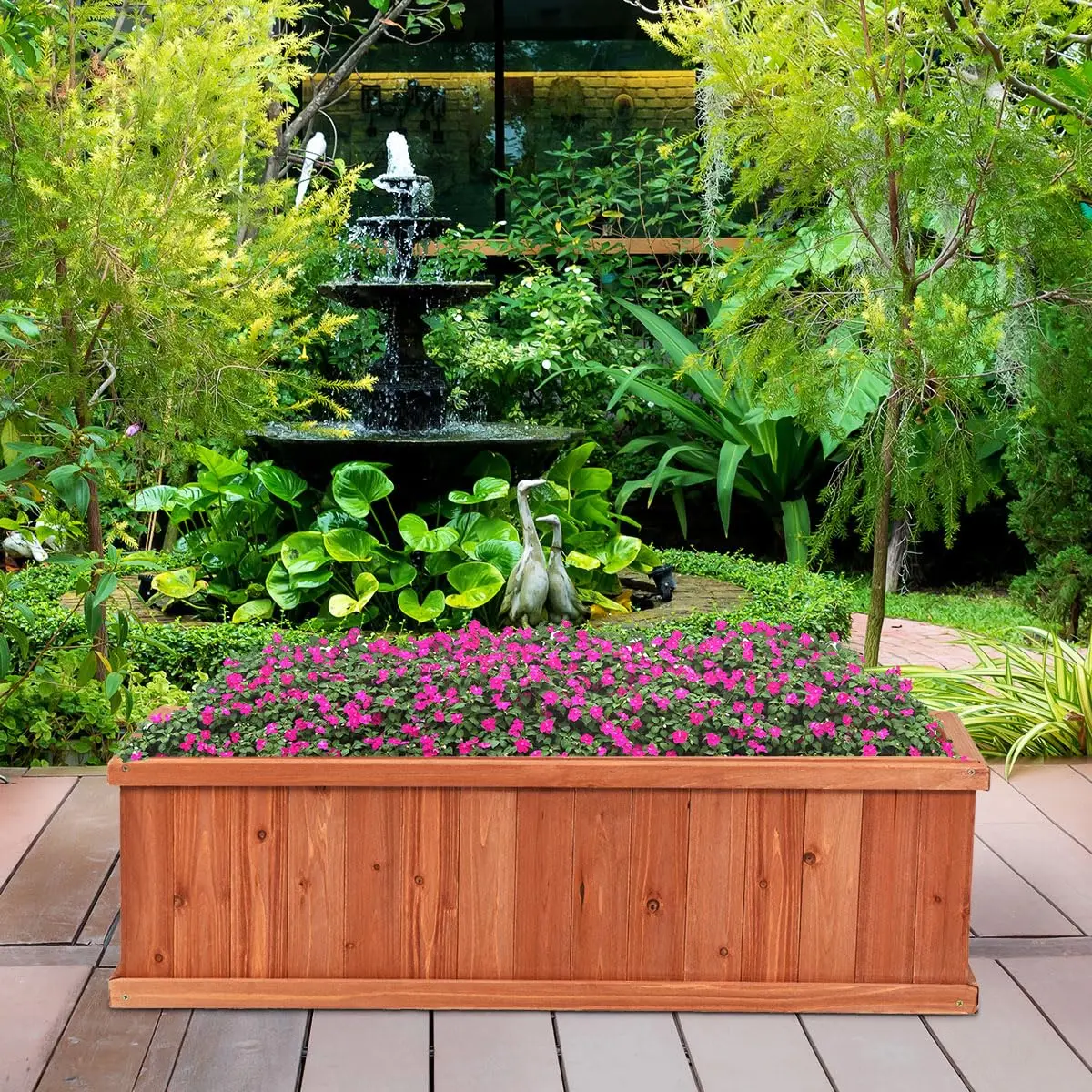 Raised Garden Bed, Outdoor Rectangle Flower Beds with Bottom Panels & 2 Drainage Holes, Wood Planter Box for