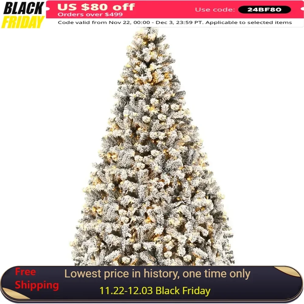 9ft Pre-Lit Artificial Christmas Tree, Premium PVC Snow Flocked Hinged Pine Tree with Metal Stand and LED Lights