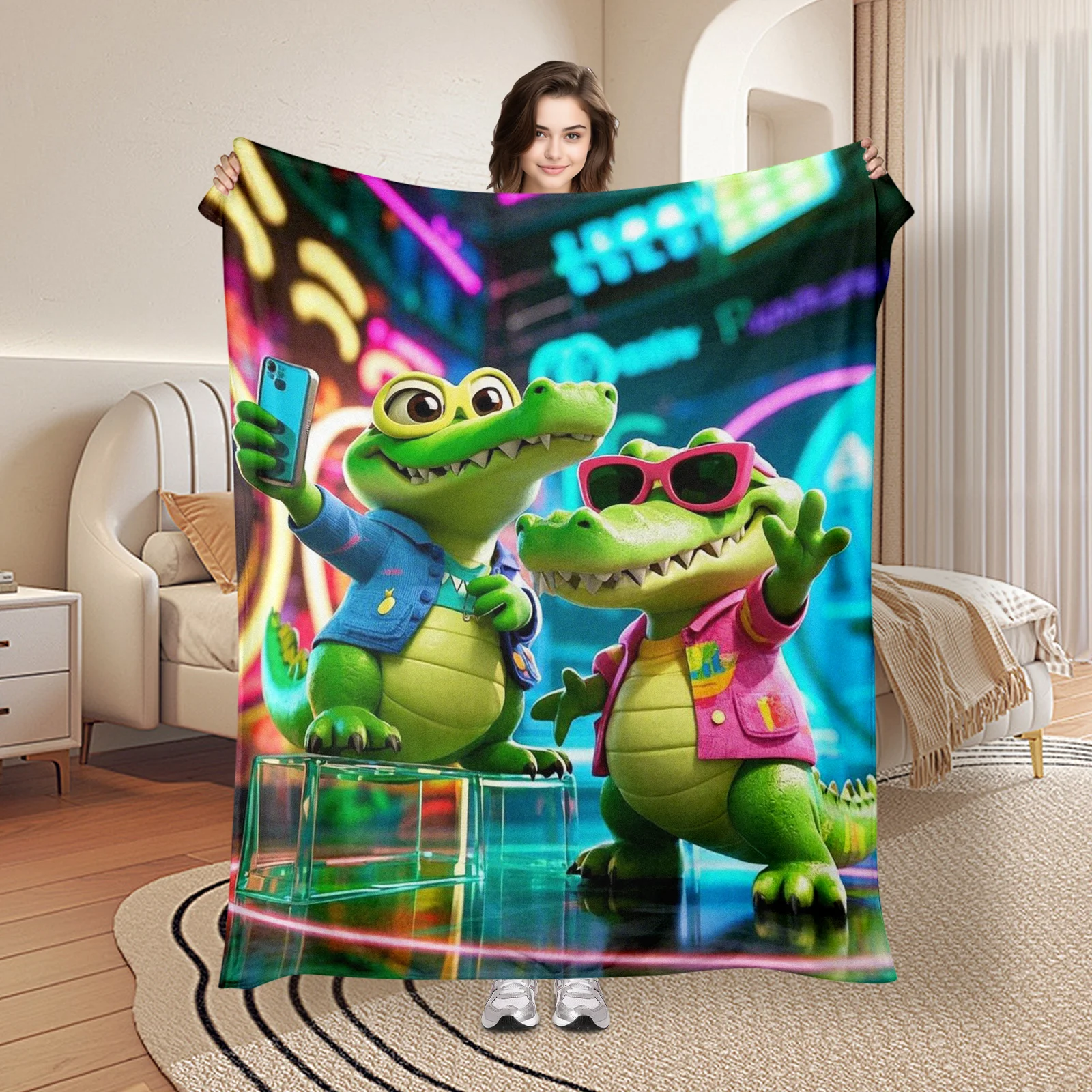 

Playful Alligator Sunglasses Toy City Selfie Blanket For Whimsical Fun Themes And Cool Urban Vibes In Home Decor Design