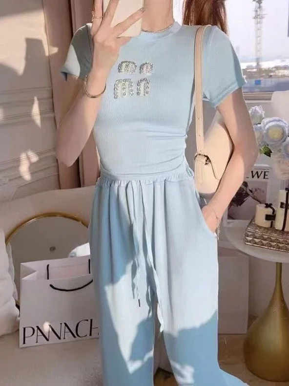 

Faionable Rhinestone Letter Set Women's Summer New Bal Belted Sweet Spicy ort Top Wide Leg Pants Two Piece Set Trendy