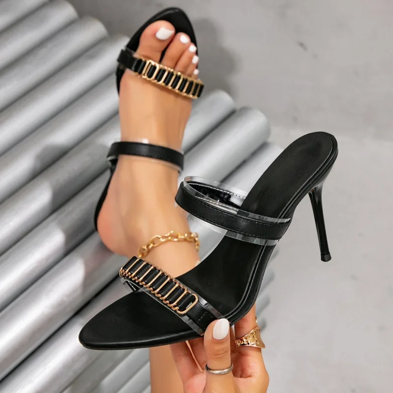 

Fashion Metal Buckle Design Heeled Sandals Woman Sexy PVC Open Toe High Heels Slippers Round Toe Mules Slides Zapatos Mujer