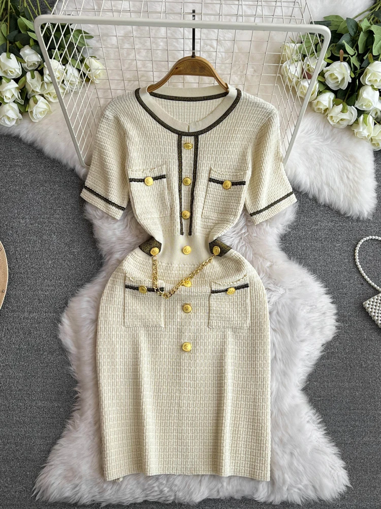 Summer Sweater Vestidos Feminino Vintage Buttons Chain Deco Short Sleeve Sexy Bodycon Dress for Women Casual Robe Femme