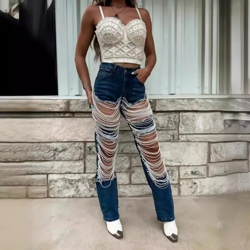 Pantalones vaqueros con agujeros grandes para mujer, Vaqueros rectos con cadena de cuentas 2025, Vaqueros rasgados con cuentas para mujer, Vaqueros con bolsillos negros, Vaqueros elásticos ajustados para mujer