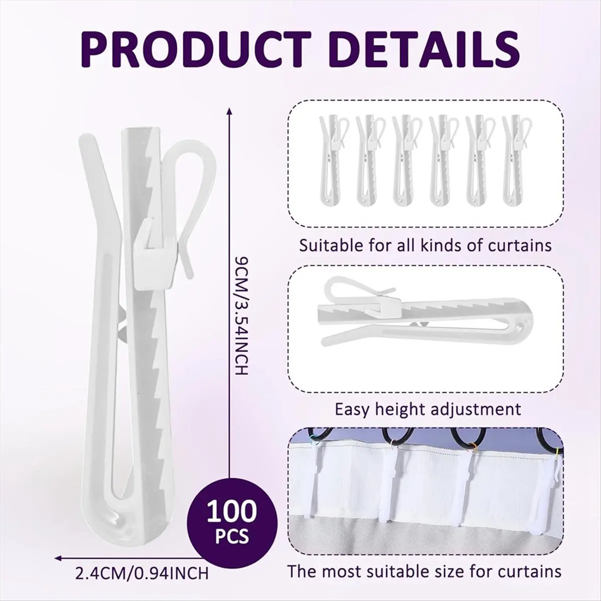 

*ABKM 100PCS 9cm Adjustable Pinch Pleat Curtain Hooks, Plastic Drapery Pins for Pleated Drapes, Ideal for Window, Door