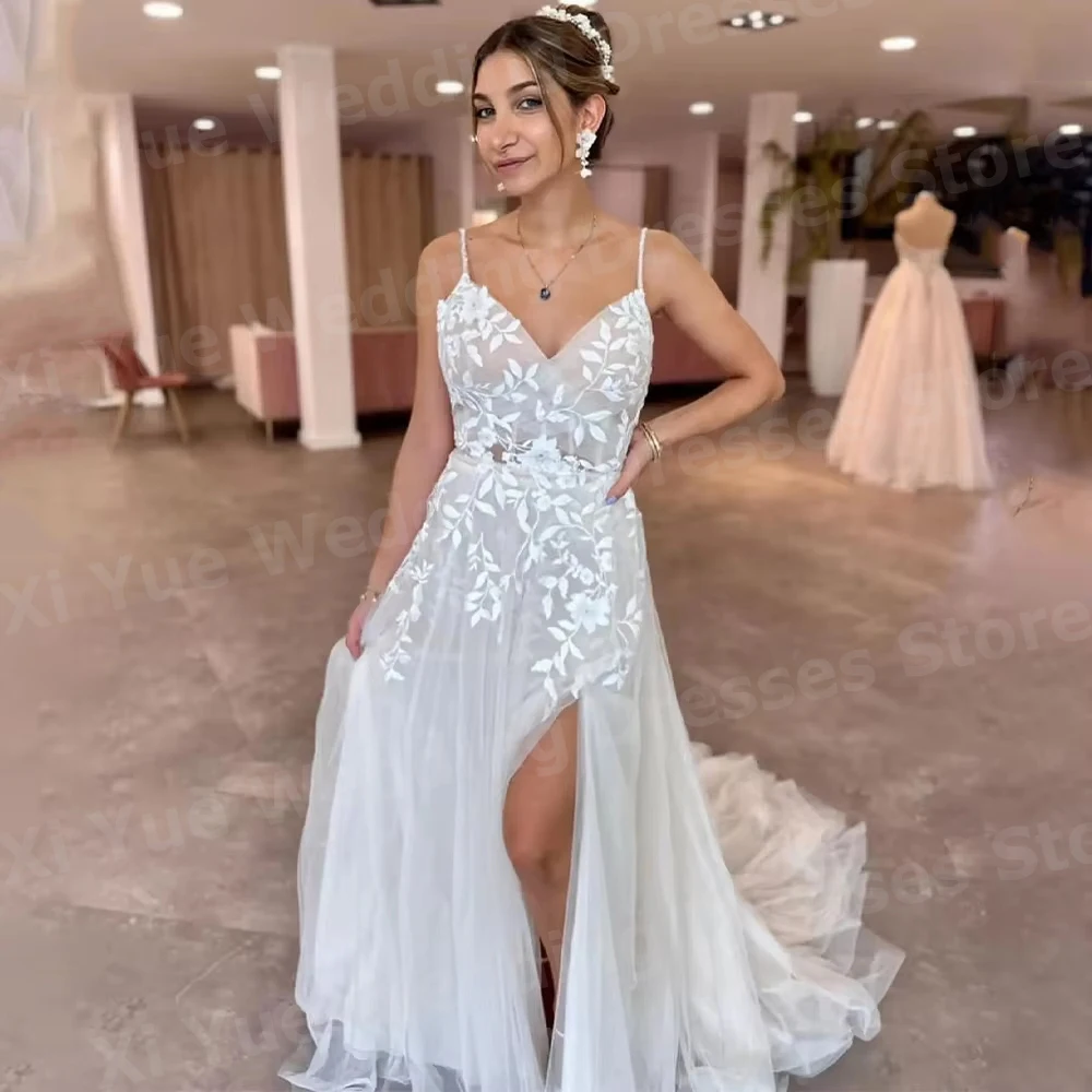 

Sexy A Line Women's Lace Appliques Wedding Dresses Vestido De Novia Spaghetti Straps Bride Gowns Customized Slit Robe De Mariée