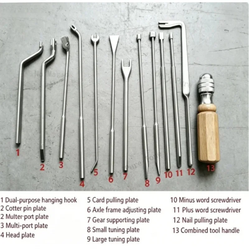 

13 in 1 Piano Tuning & Repair Kit Action Overhaul Spoon Pin Wrench Multi-Port Wrench Bushing Adjustment Support Pin Wrench