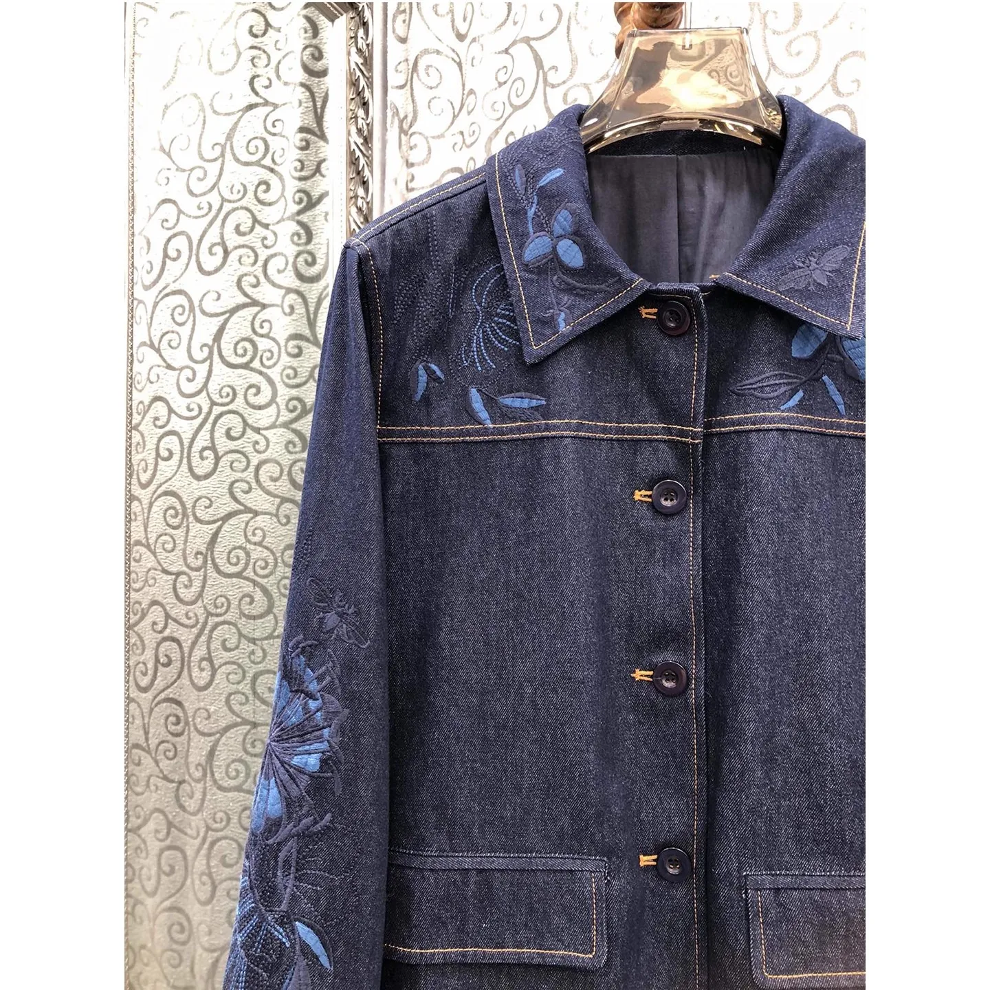 100% algodão denim casacos 2025 outono inverno moda senhora turn-down colarinho requintado bordado manga longa azul jeans outerwear
