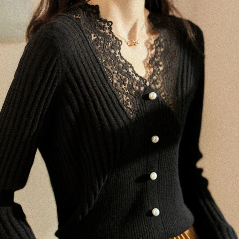 Women's Lace V-neck Sweater Fashion Splice Pearl Slim Fit Long Sleeve Elastic Knit Backing Shirt Solid Color Overlay Sweater