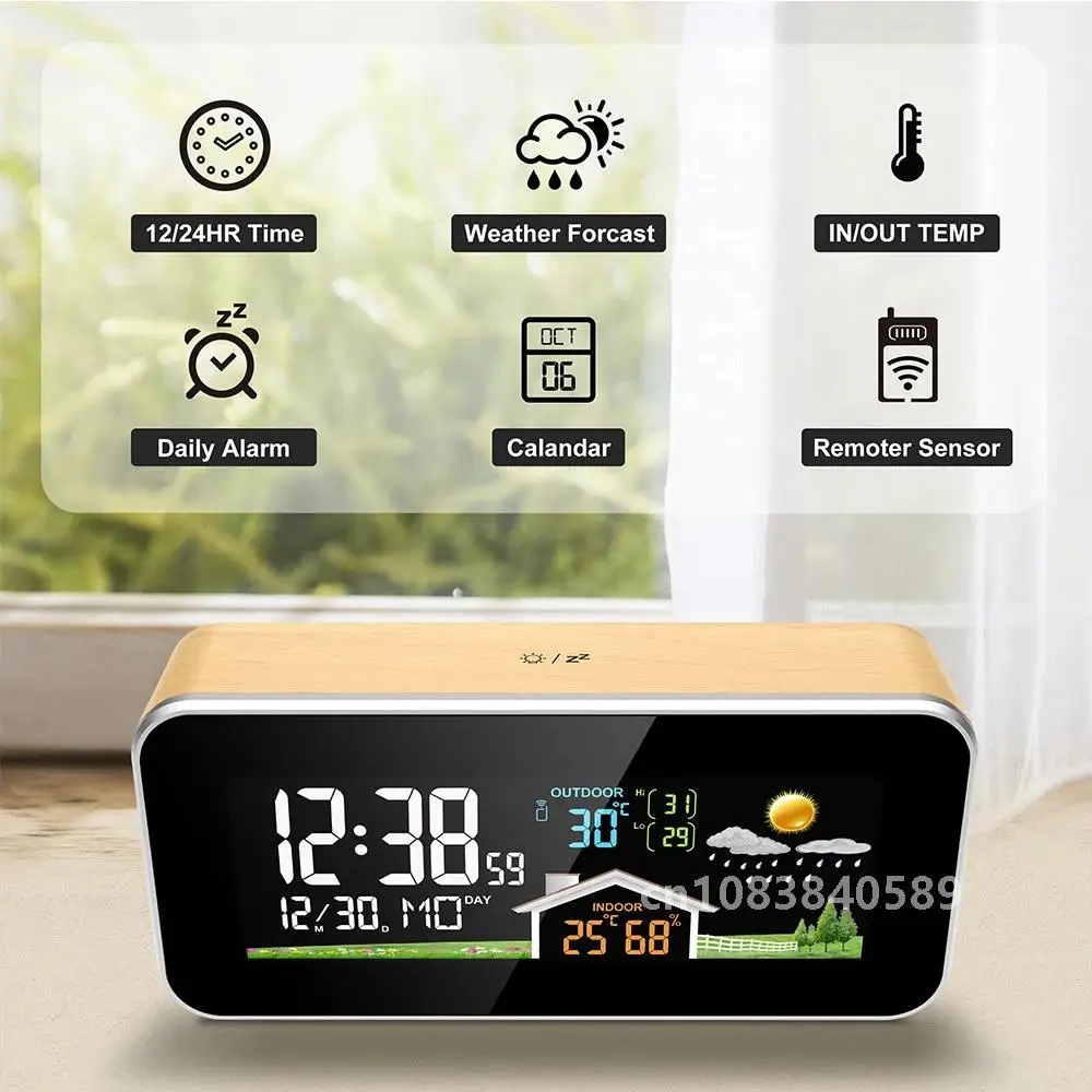 Alarm Clock Digital Surface Wall Decor Time Date Week Temperature Humidity Weather Forecast Wireless Table Desk Watch Wood Clock