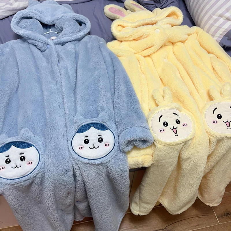 Chikawa Hachi Cartoon Character Coral Fleece Nightgown, Long And Warm, Autumn And Winter Hooded Sleepwear, Home Wear