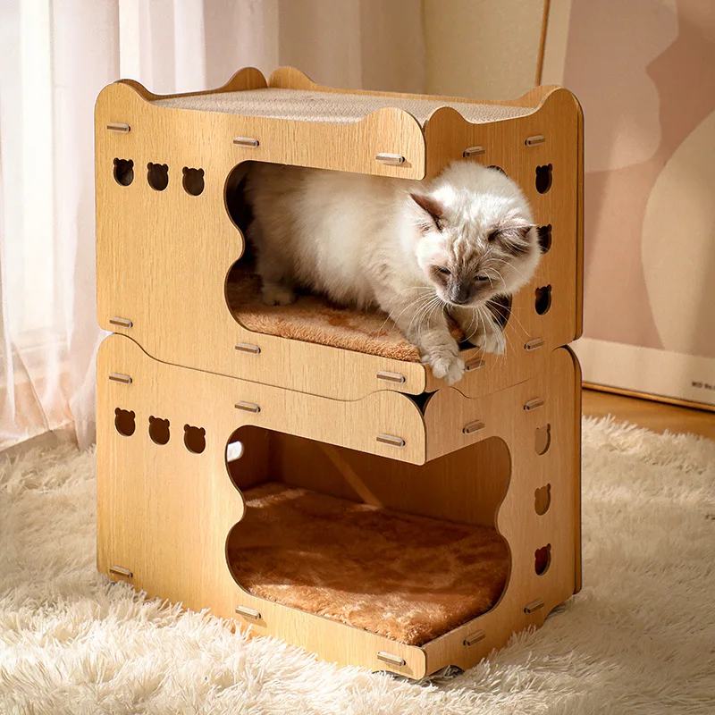 Wooden Cat House Corrugated Cardboard Cat Scratching Board Removable Wear-resistant No Dander Vertical Double Stacking Cat House