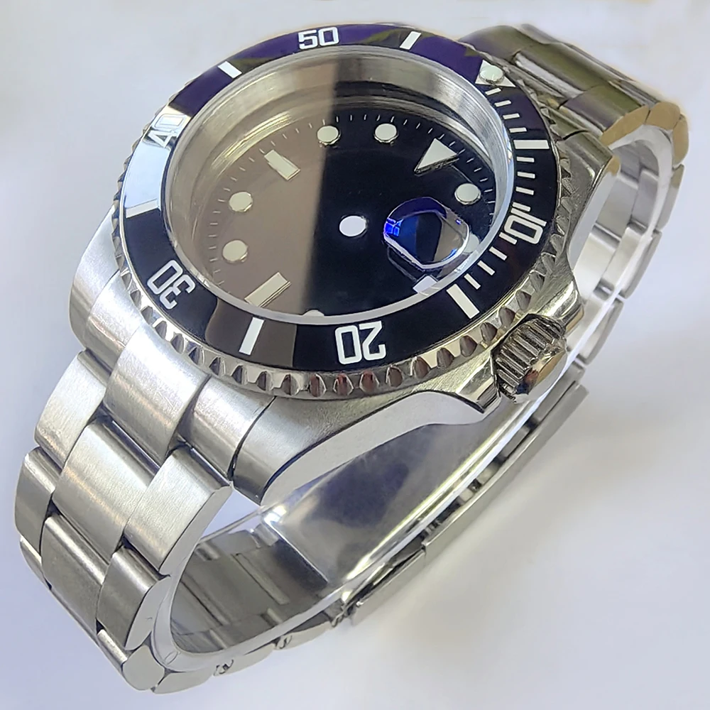 40MM シルバーケース、28.5MM ブルーイルミネーションダイヤルとベゼルストラップ、NH35/36 Miyota 8215 ムーブメントに適したサファイアガラス