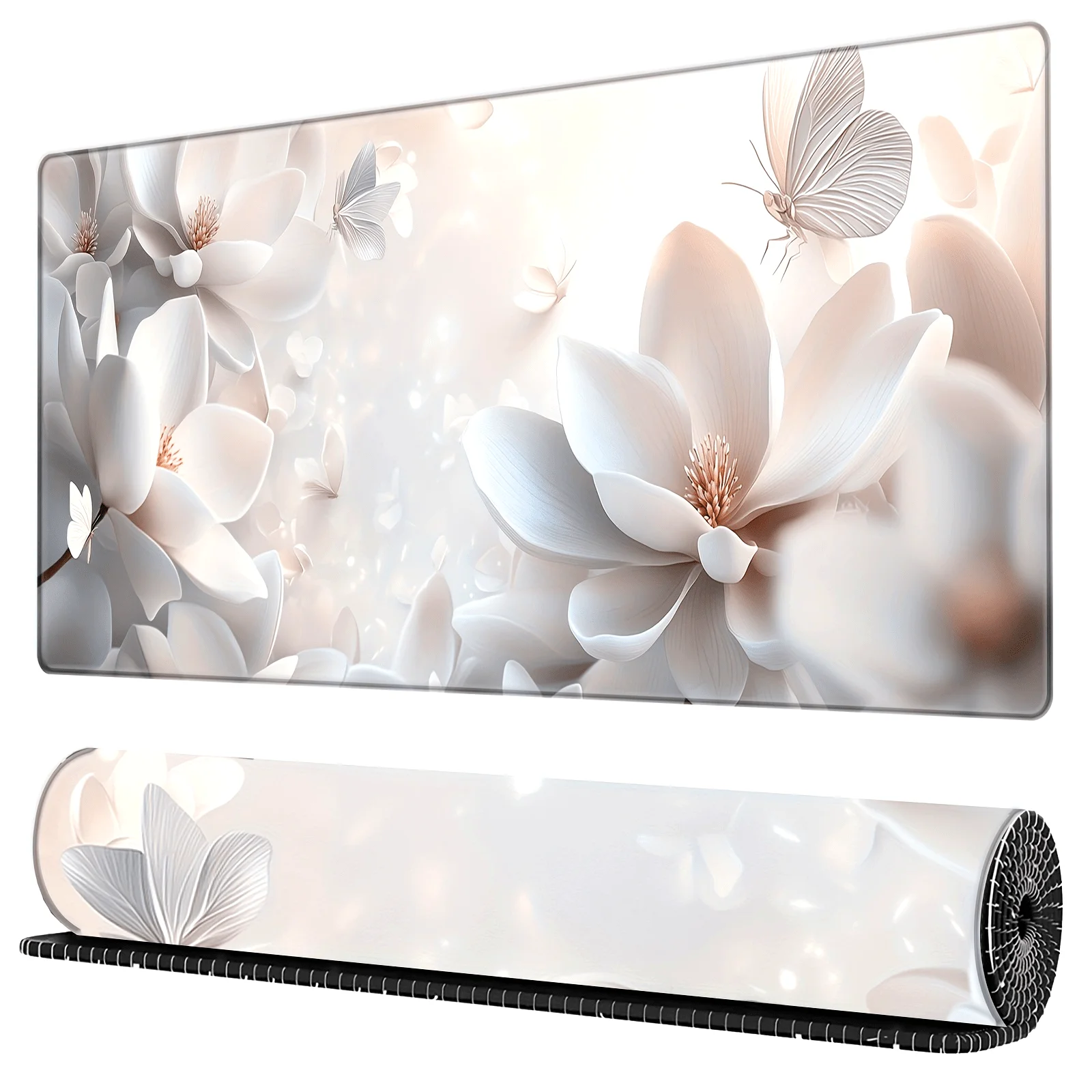 

White Flower Design Desk Mat Durable Large Gaming Mouse Pad with Stitched Edges Non-Slip Rubber Base Washable for Home Office