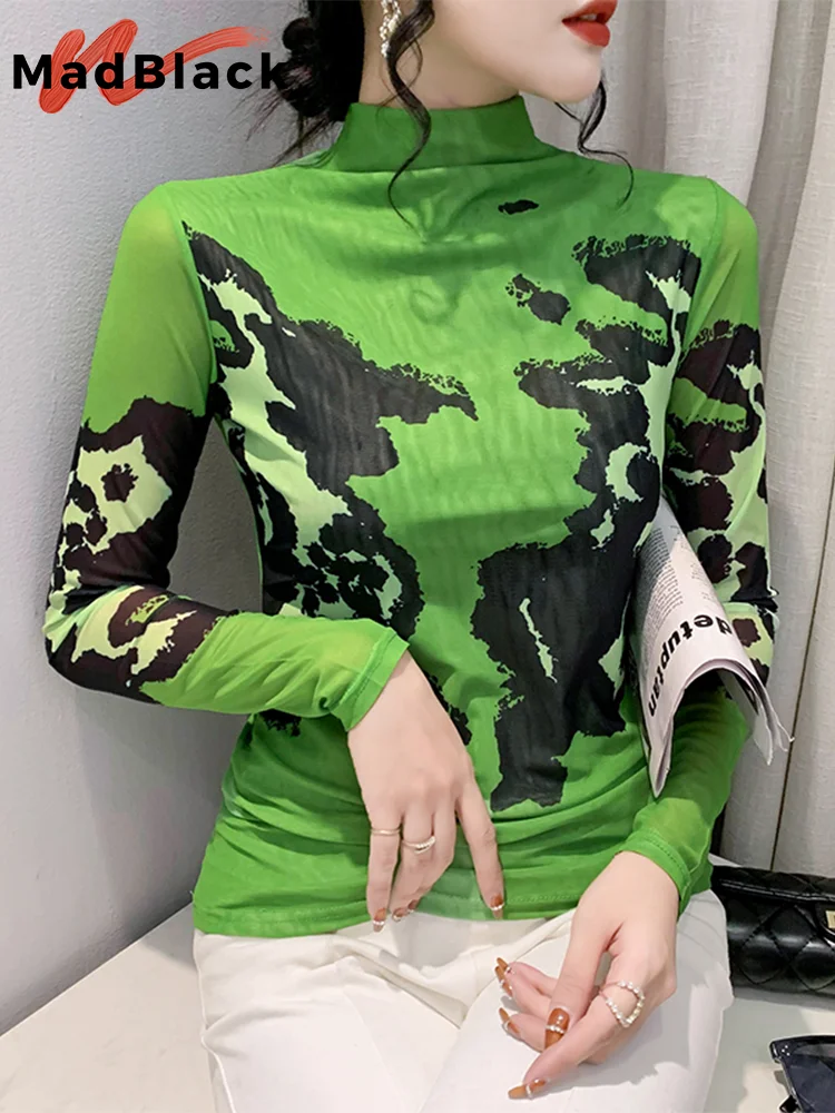 

MadBlack European Clothes TShirt Women Turtleneck Position Print Slim Mesh Tops Long Sleeve Tees Autumn Winter New 2023 T38389JM