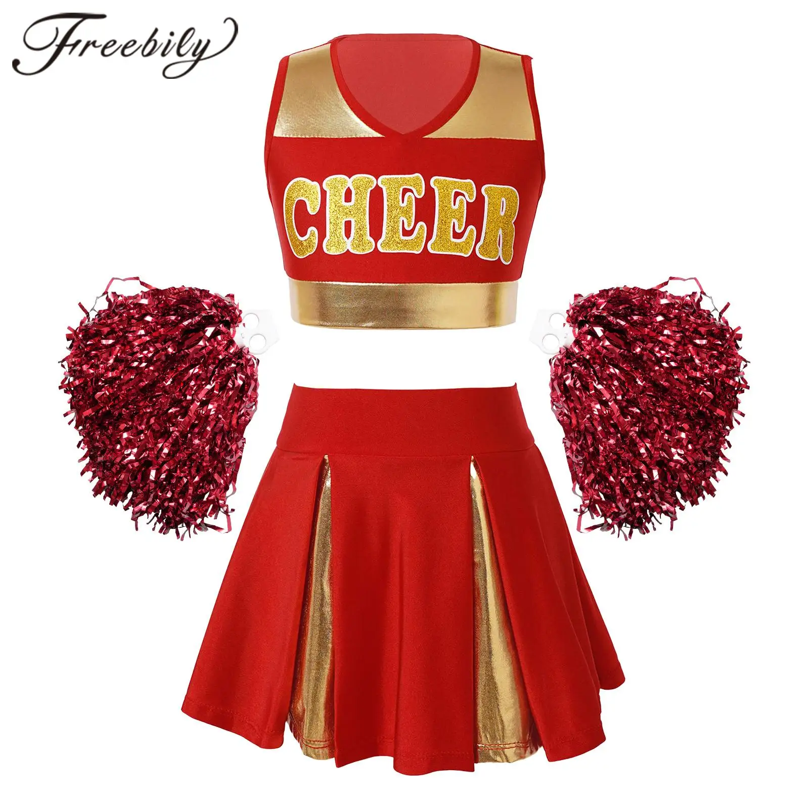 Kids Girls Cheerleading Uniform Set Cheerleader Crop Top Skirt and Flower Balls for Dancing Competition Performance Costume