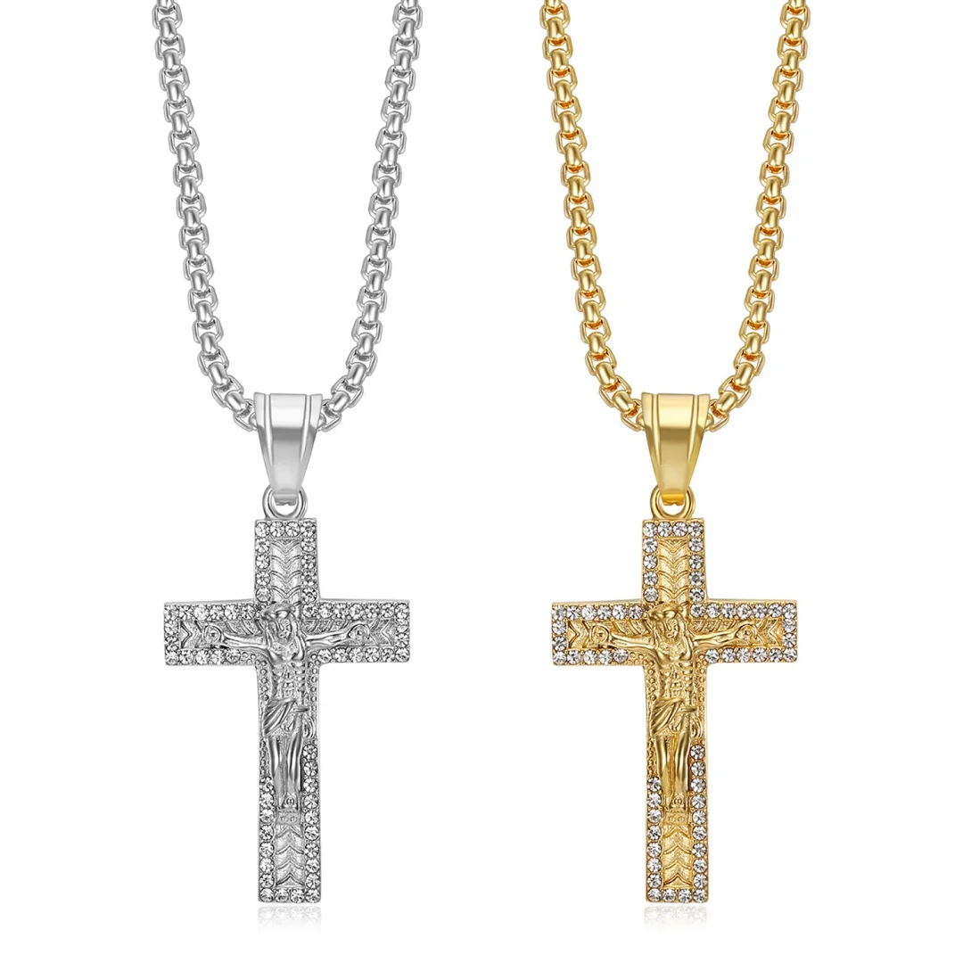 

Religious Iced Out Bling Jesus Cross Pendant Gold Silver Color Stainless Steel Zirconia Crucifix Necklace for Woman Man Jewelry
