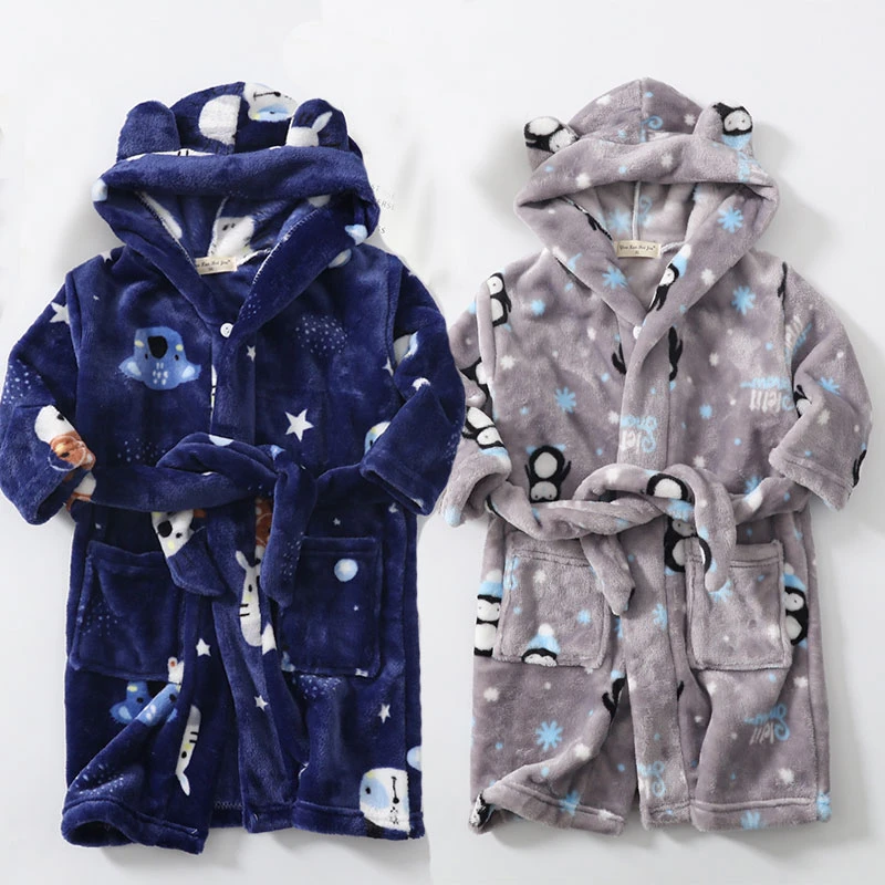 Cartoon Bathrobe For Children Flannel Long Sleeve Hooded Kids Clothes Boys Robe Spring Autumn Winter Baby Bathrobe 2-12 Years