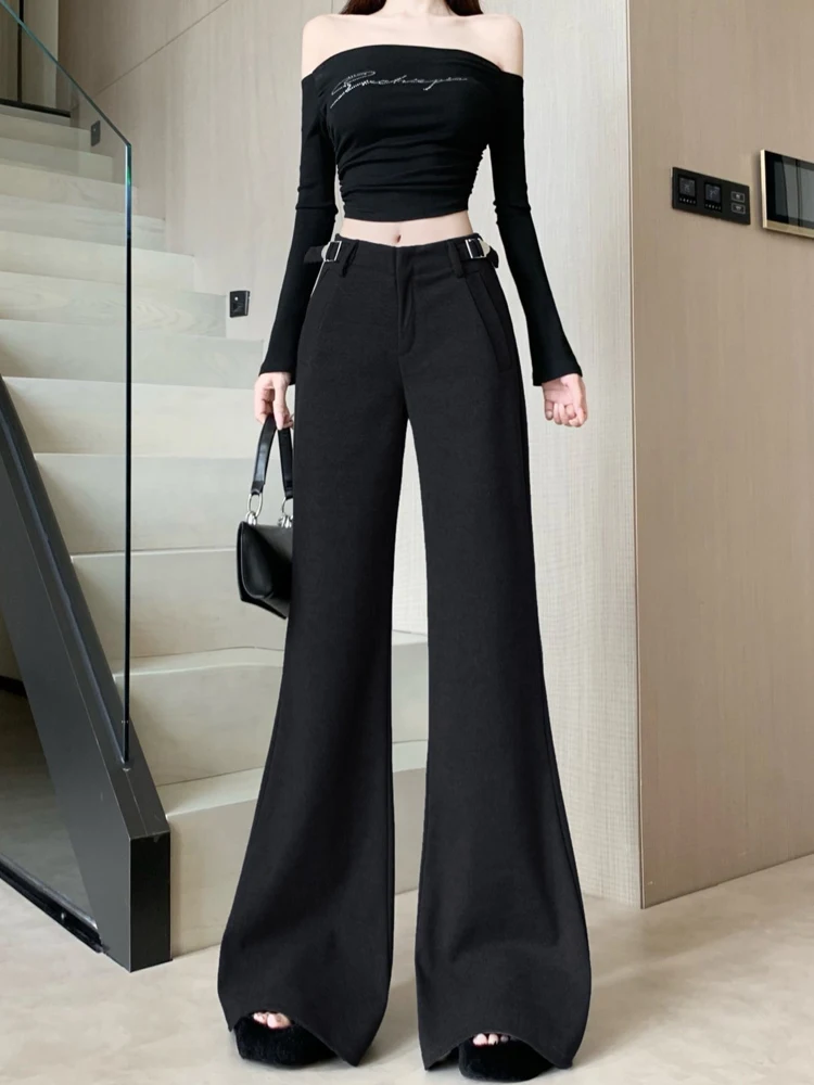 الخريف والشتاء السراويل الصوفية الجديدة واسعة الساق النساء تصميم الشعور عالية الخصر تنوعا فضفاضة مستقيم الساق طول الكلمة السراويل #2