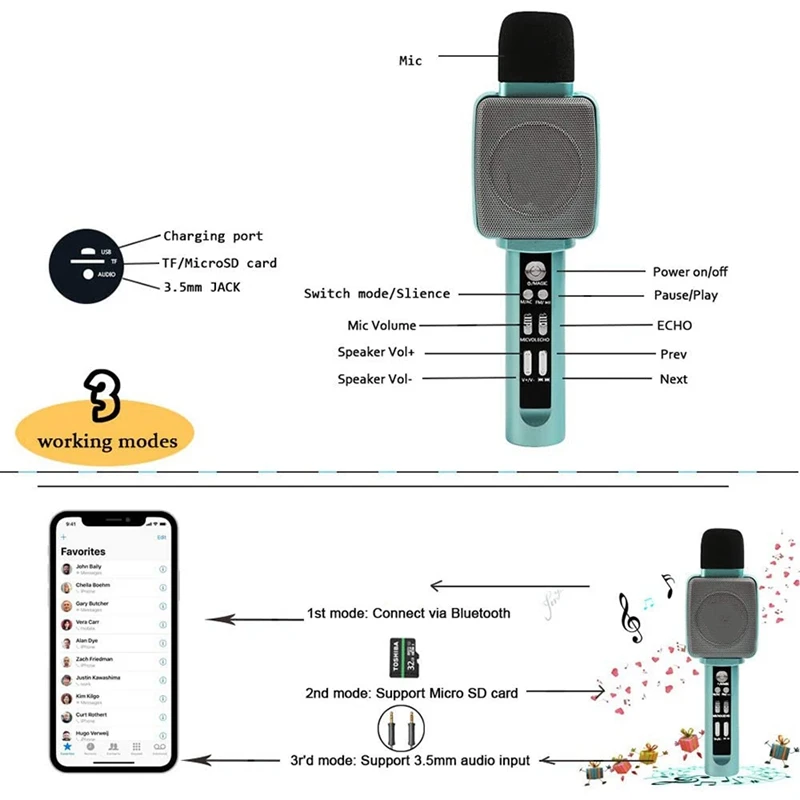 Muzikale microfoon voor kinderen, met Bluetooth-luidspreker en stemconverter is het beste speelgoed en cadeau voor kinderen