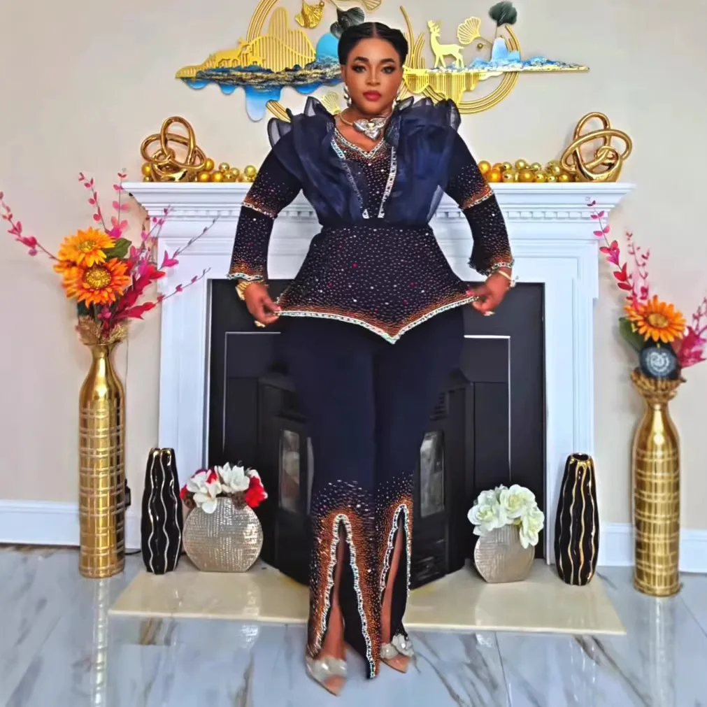 

Plus Size African Party Dresses for Women Dashiki Diamond Pleated Long Dress Elegant Turkey Muslim Wedding Evening Gown