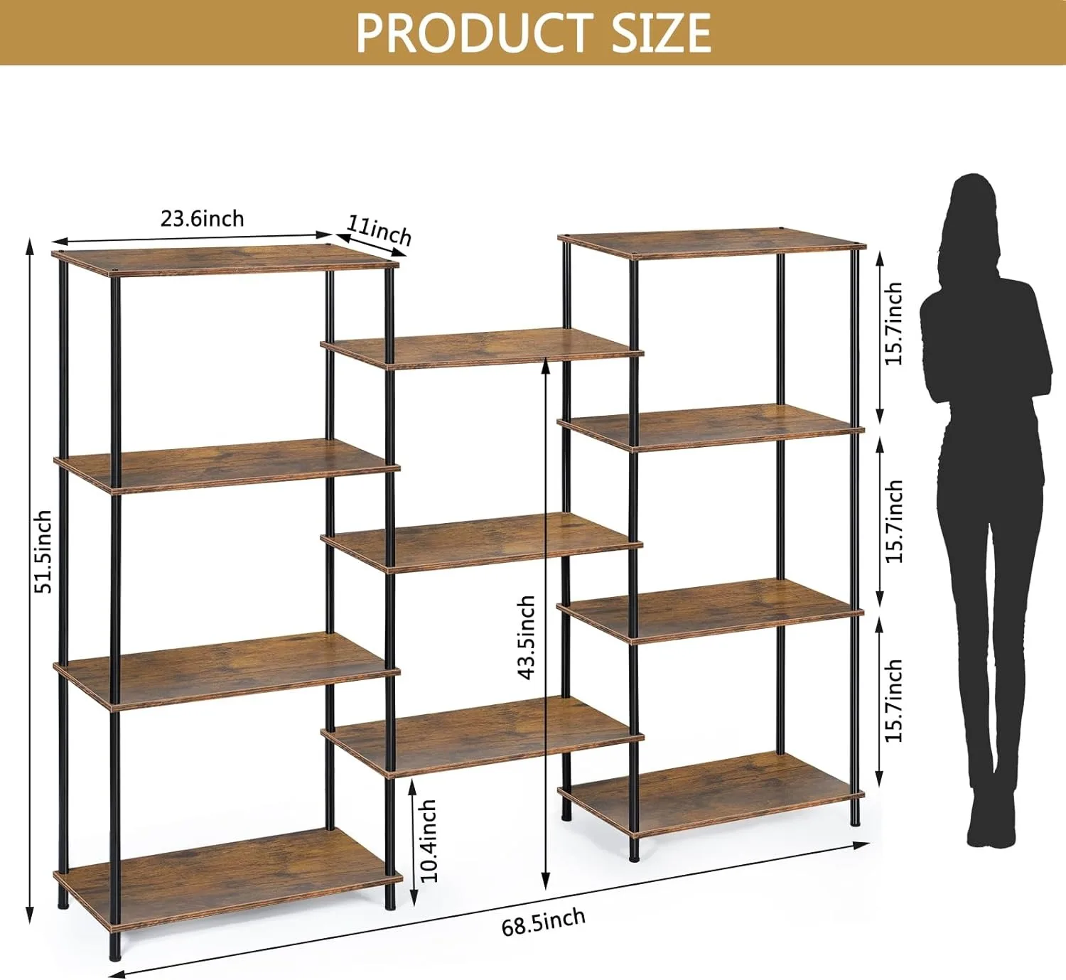 Triple Wide 4 Tier Bookshelf, Industrial Style Bookcases with 11 Open Display Shelves, Open Large Storage Bookshelves Shelving