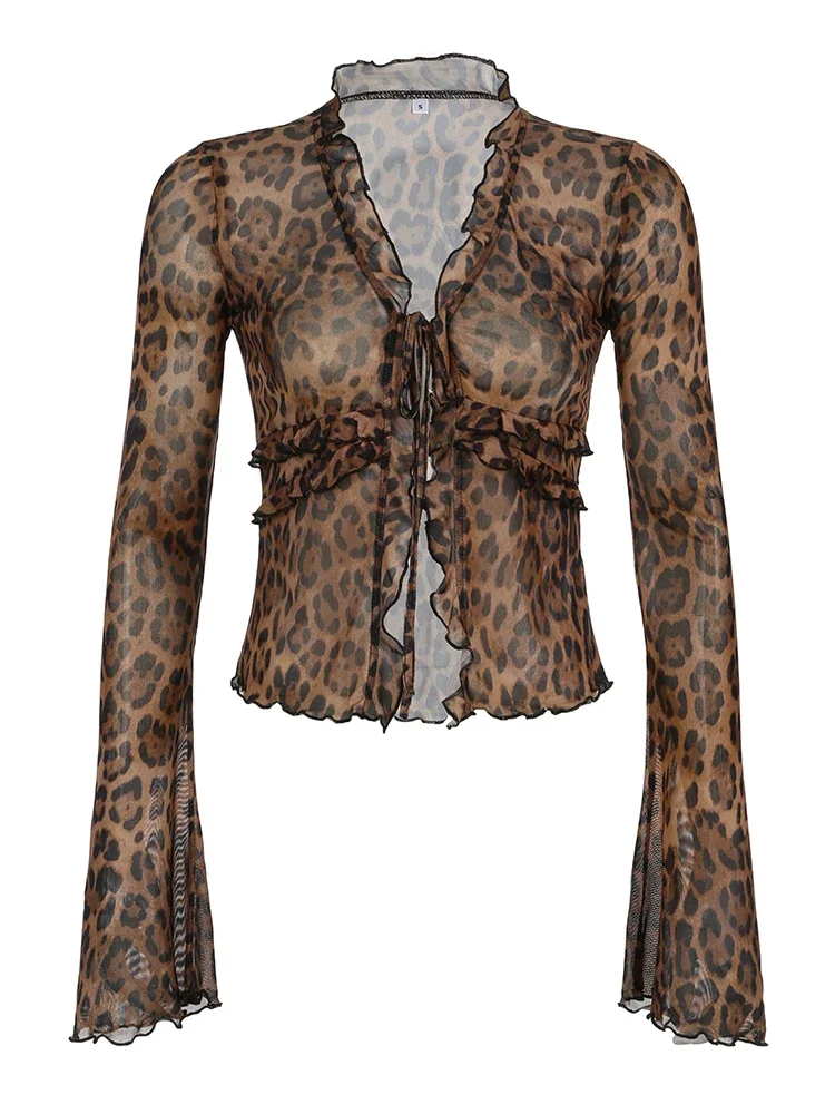 Camisas de malla con estampado de leopardo Vintage para mujer, cárdigan Sexy transparente con volantes y manga larga con lazo frontal, blusas sexys con cuello en V Y2K