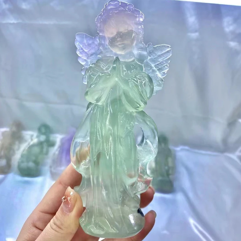 Yttrium Fluorite Angel Goddess Statue Gifts Beautiful Pastel Light Lavender Natural Quartz Carved Crystal Praying Girl Sculpture