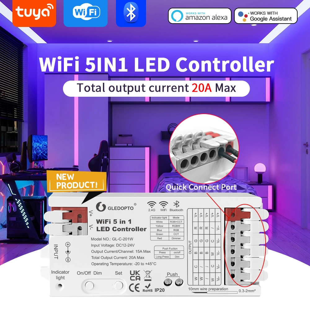 GLEDOPTO WiFi&Bluetooth 5 in 1 LED Strip Controller 20A RGBCCT RGBW RGB CCT WWCW Dimmer Work with Tuya Smart Life App Control