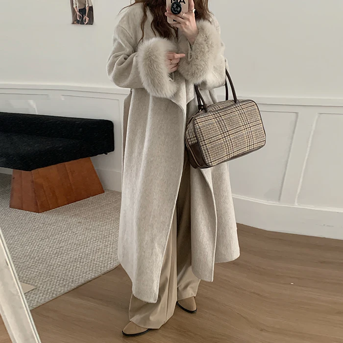 2025 Autumn/Winter Detachable Fox Fur Women Wool Coat Double Sided 70% Wool Cashmere Coat for Women Turn Down Collar Jacket