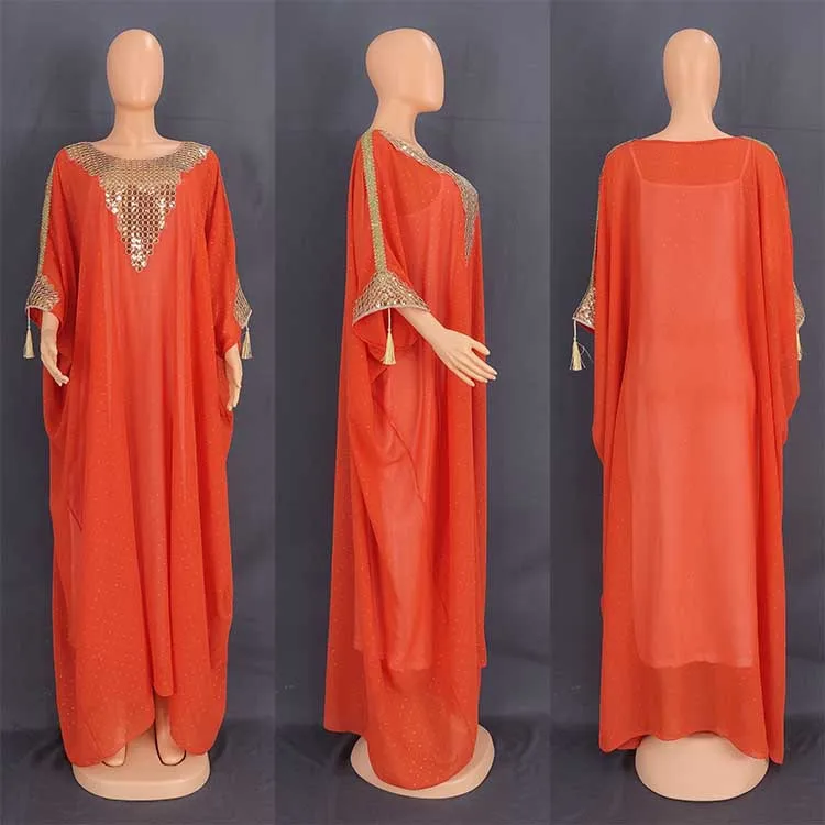 New Muslim Robe Women Clothes Chiffon Dubai Loose Maxi Dresses Sparkle Sequins Baw Sleeves Vintage Party Caftan Marocain Femme