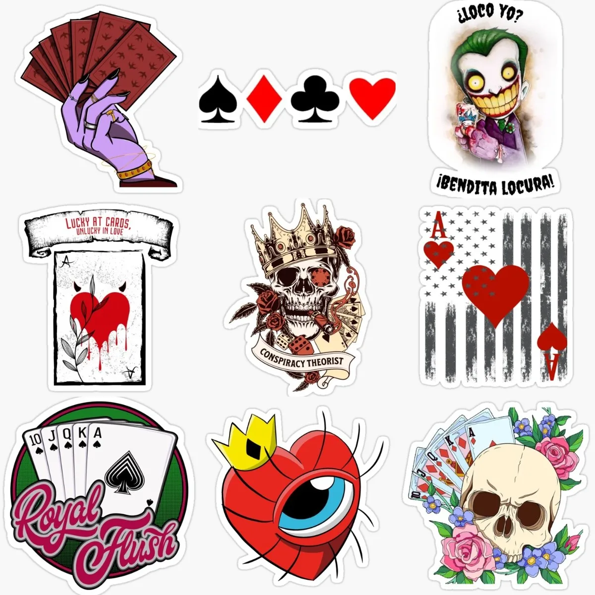 Playing Card Spade Club Heart Diamond Joker Skull PVC Creative Stickers for Decorate Car Window Glass Motorcycle Truck Van Wall