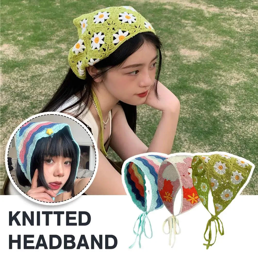 Cute Girl Headscarf Braided Triangle Scarf Handmade Towel Fashion Hollow Headscarf Headband Crochet Little Daisy Triangle H F0W0
