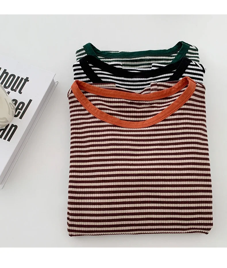 Vintage Japan O Neck Short Sleeve Striped Tshirts Women Summer Contrast Tops Clothing Fashion Wild Tees Cotton Y2k Shirt