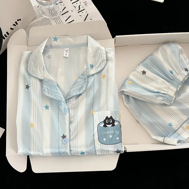 Blue White Striped Print Sleepwear Casual Short Sleeve Open Cardigan Short Pants Home Leisure Men Women Set Cotton Spring