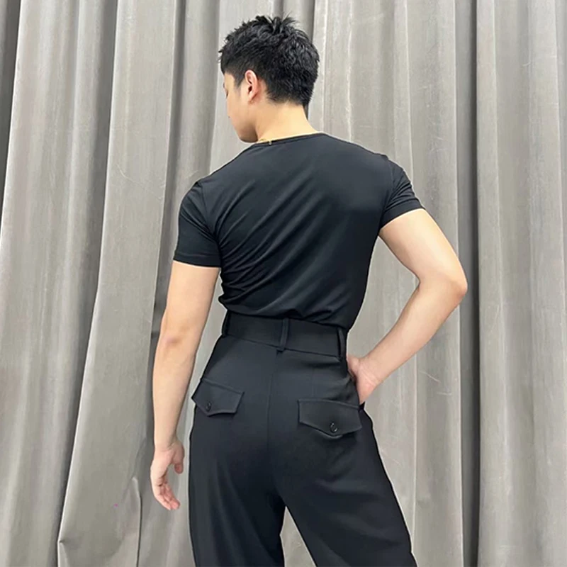 Adult Male Latin Dance Clothes Men Black Short Sleeves Tops pants Cha Cha Rumba Salsa Dance Practice Clothing Trousers DNV20611