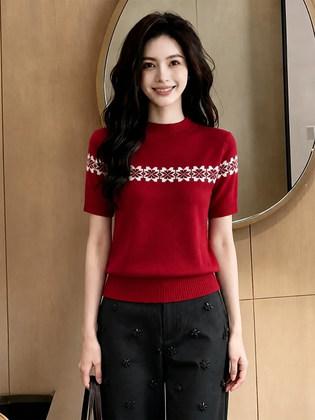 

Korean Style Short Sleeve Knitted Top Color Block Design Versatile Commute Fashion Women's Summer New Arrival Silk Material