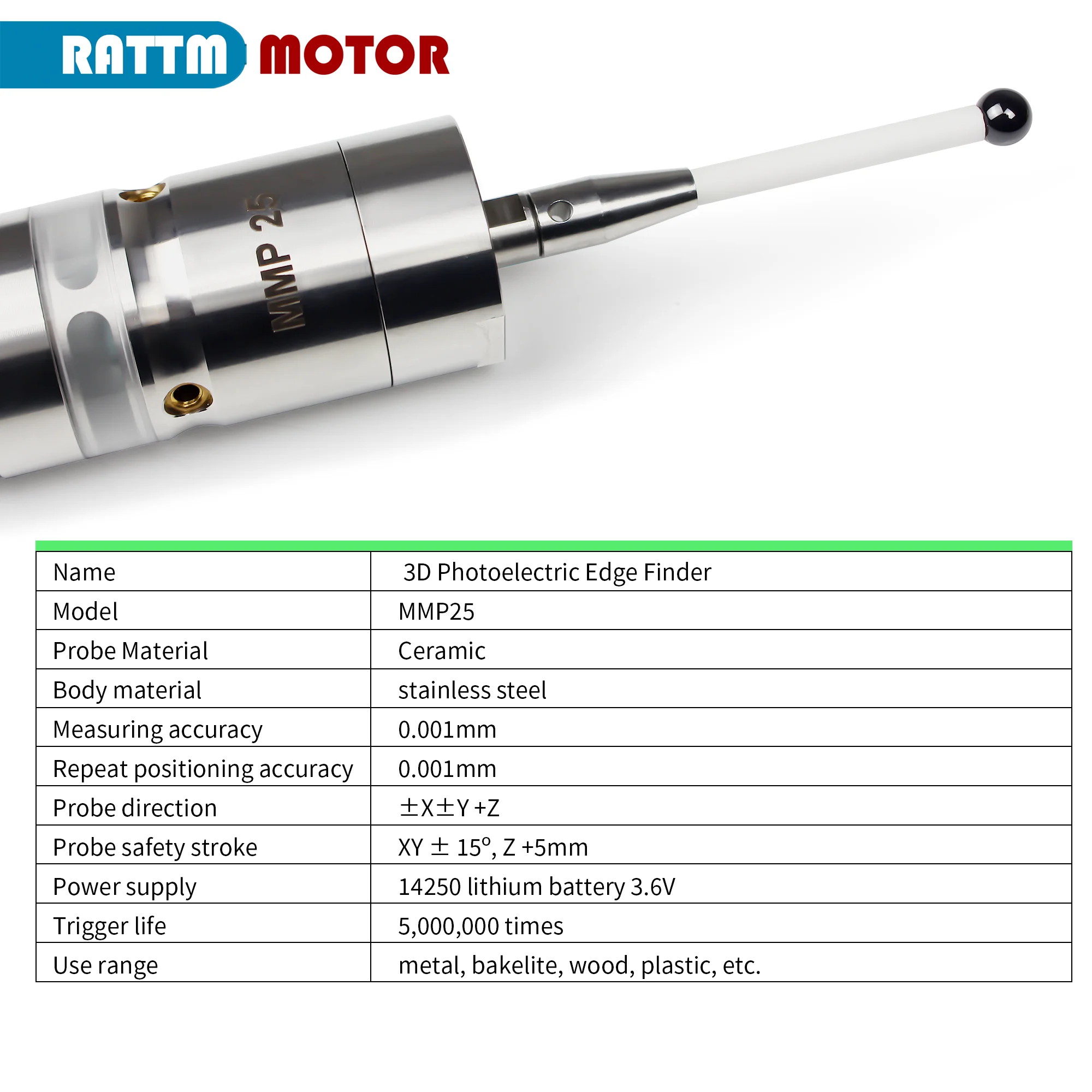 MMP25 3D Light Edge Finder with Ceramic Probe Centering Rod, to Find CNC Milling Lathe Machining Center,Accuracy 0.001mm