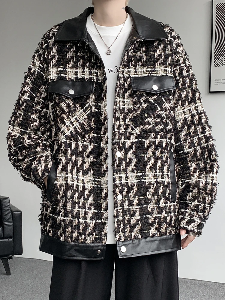 

Loose Fit Plaid Patchwork Jaet Men's plus Size Autumn Vintage Sle Polyester Fiber Long Sve Casual Outerwear Coat