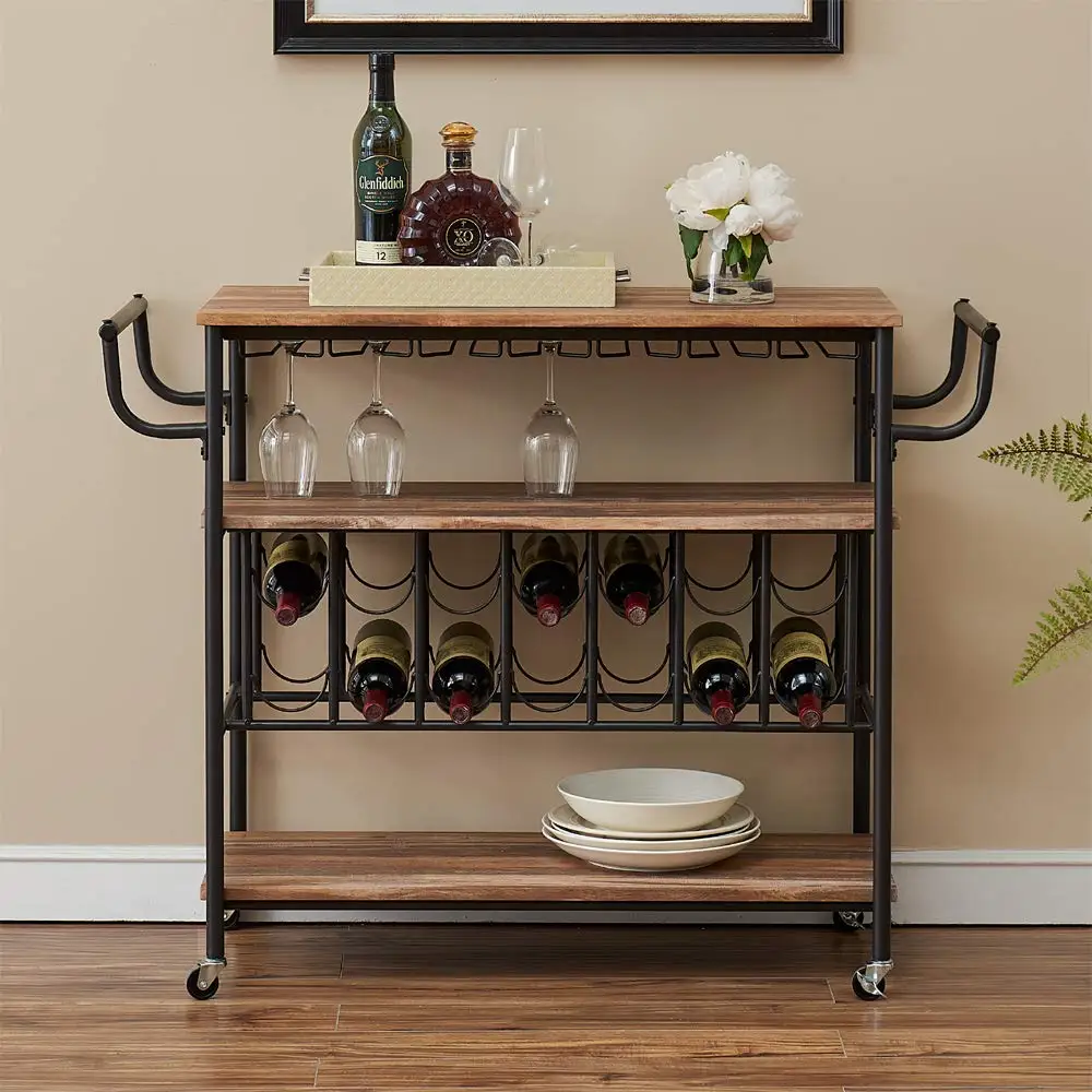 Modern Bar Cart Wine Rack with Glass Holder, Mobile Wine Carts With Wheels Metal Kitchen Storage Cart 3 Shelves