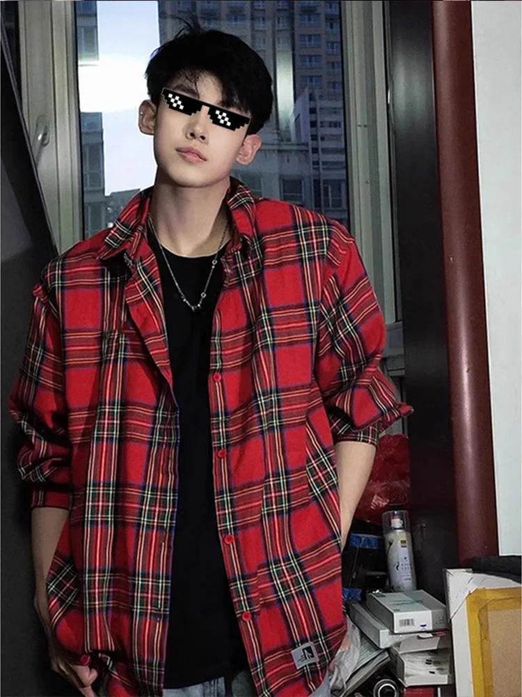 

Красная клетчатая мужская рубашка с длинными рукавами, свободного кроя, удобная, винтажная, в американском стиле, повседневная верхняя одежда, смесь полиэстера и хлопка