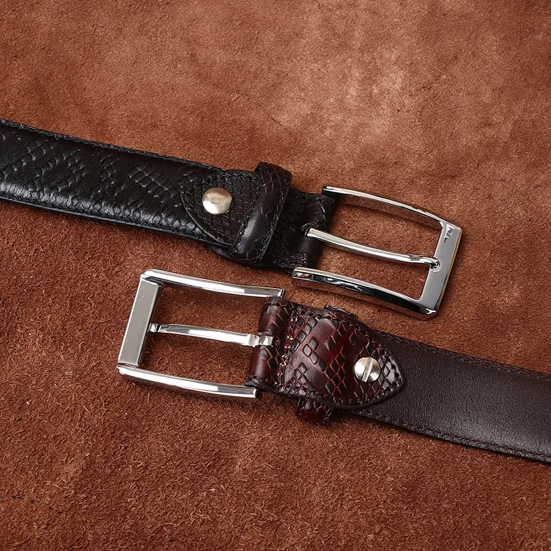Men's Business Formal Trousers Snake Pattern Genuine Leather Belt Pin Buckle Pure Cowhide Embossed Fashion Accessory