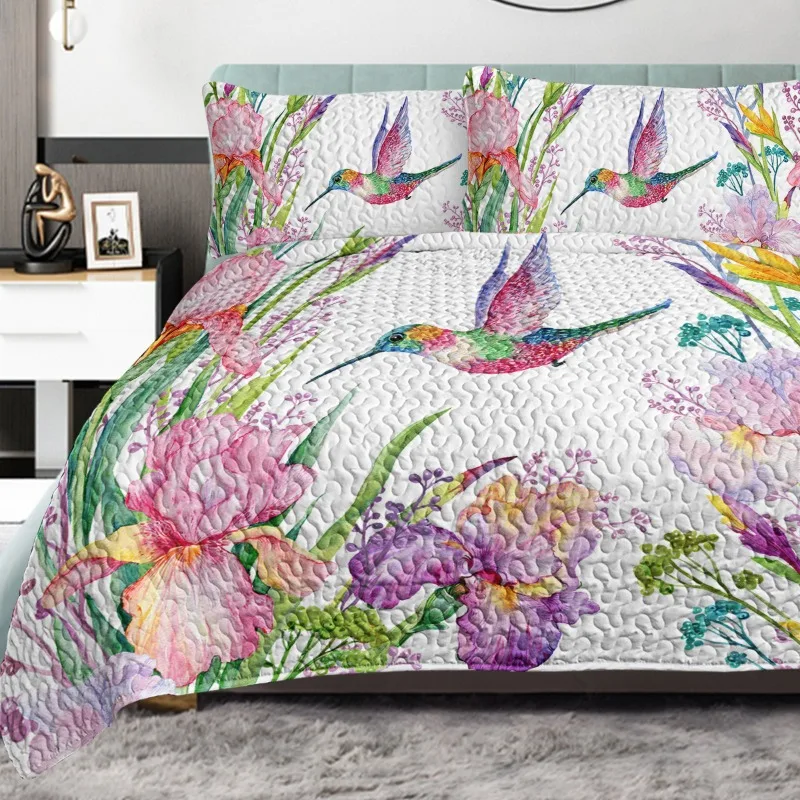 

Colorful Hummingbird Flower Pattern Quilt Set of 3 Soft and Warm Beddings Comfortable Bed Sheets for Bedroom Decoration