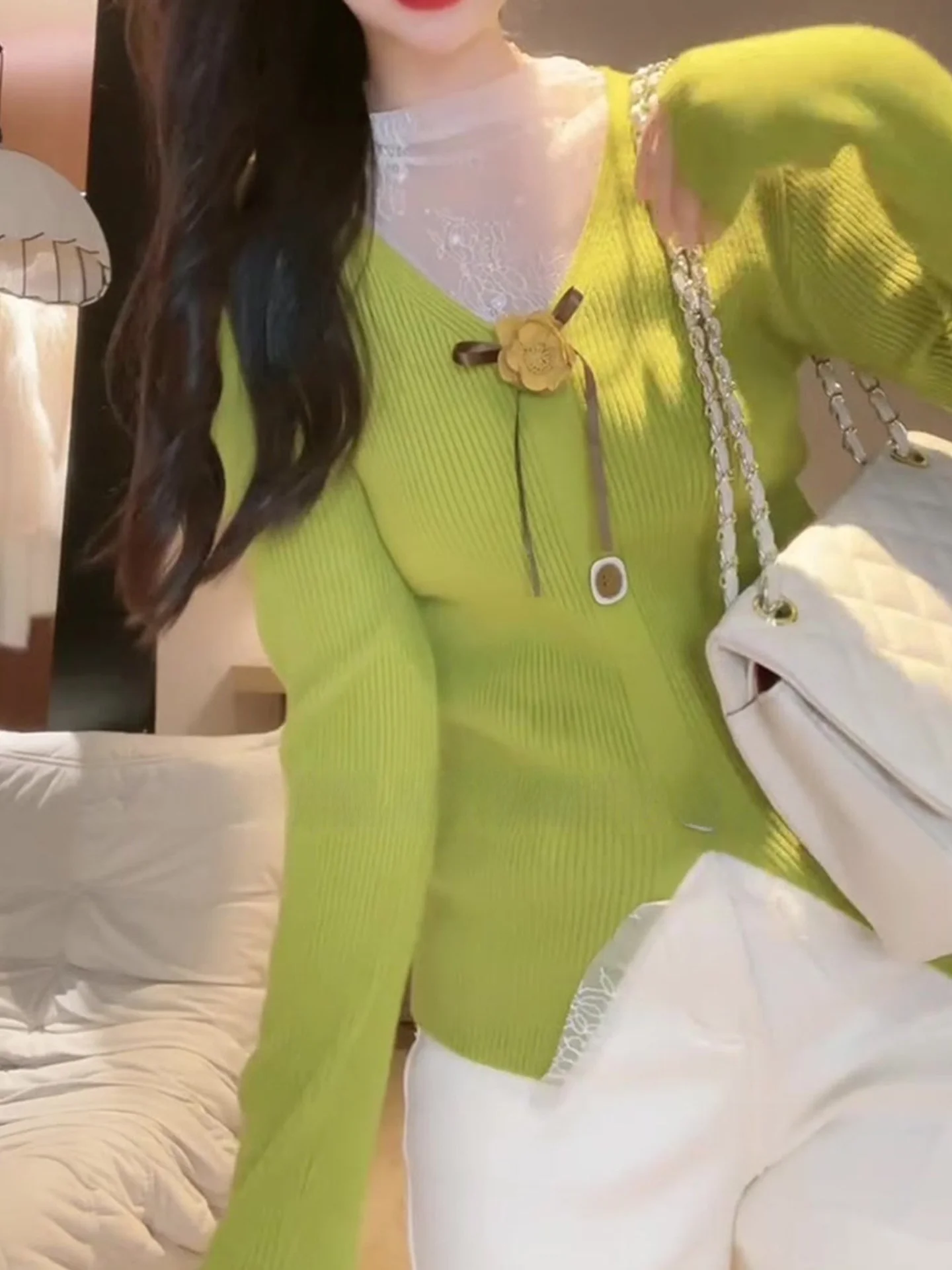 Ele Lace Splice Knitted Long Sve Women's Top Faionable Autumn Winter Base irt Commute Sle Straight Cut Korean Ve...