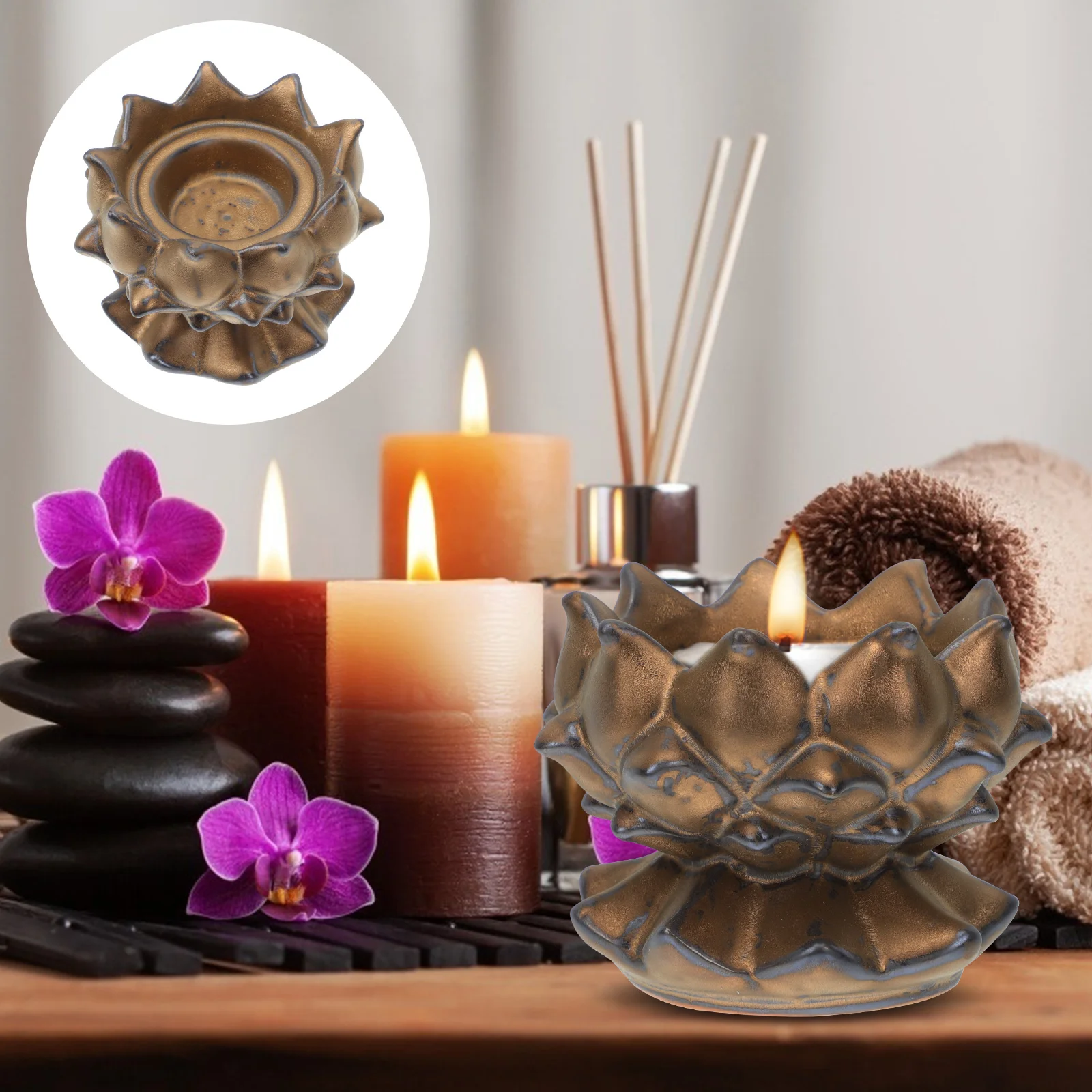 

Candlestick Adornment Decorative Lotus-shaped Short Retro Stand Ceramic Prop Supply Buddha Hall Holder