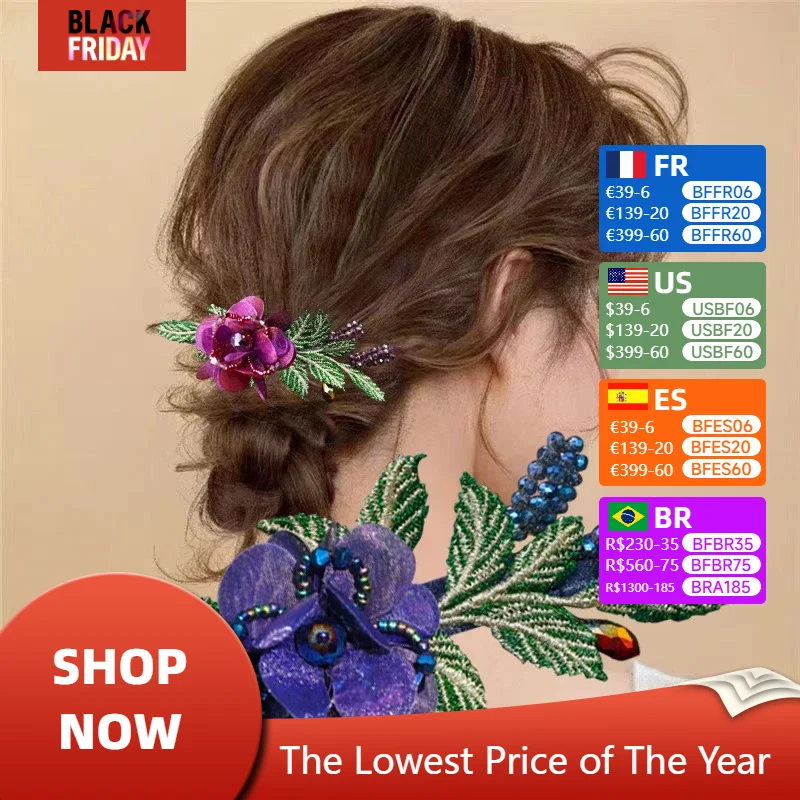 

Elegant Yarn Flower Leaf Hairpin Hair Accessories for Women Back of The Head Horsetail Spring Clip Headwear Hair Clips for Girls