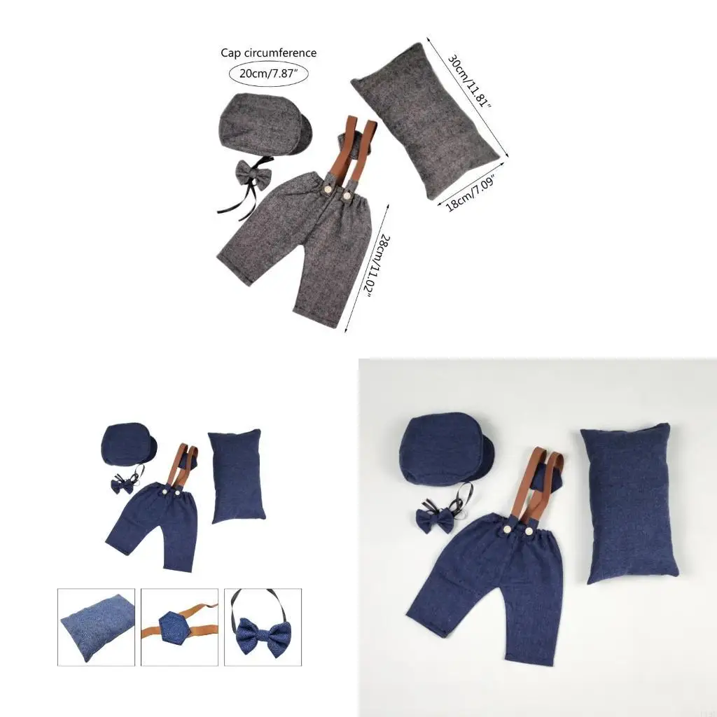 baby-photography-props-vintage-uniform-peakcap-overalls-photo-outfit-newborns-photo-clothes-infant-posing-pillow-4pcs-f19f