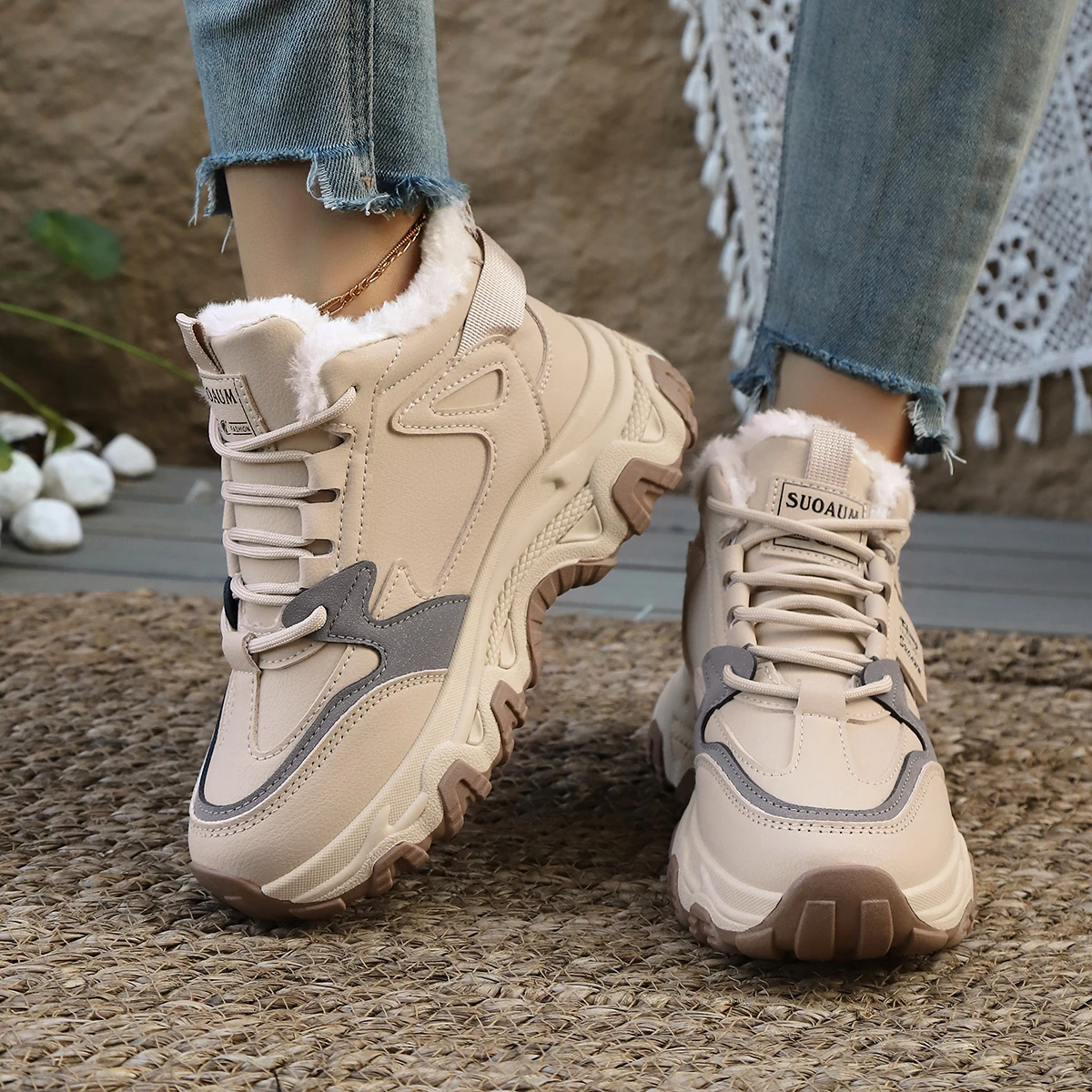 

Woman Winter Sneakers 2025 New Keep Warm Thick Bottom Dad Shoes Women Comfort Casual Snow Boots Female High Top Chunky Sneaker